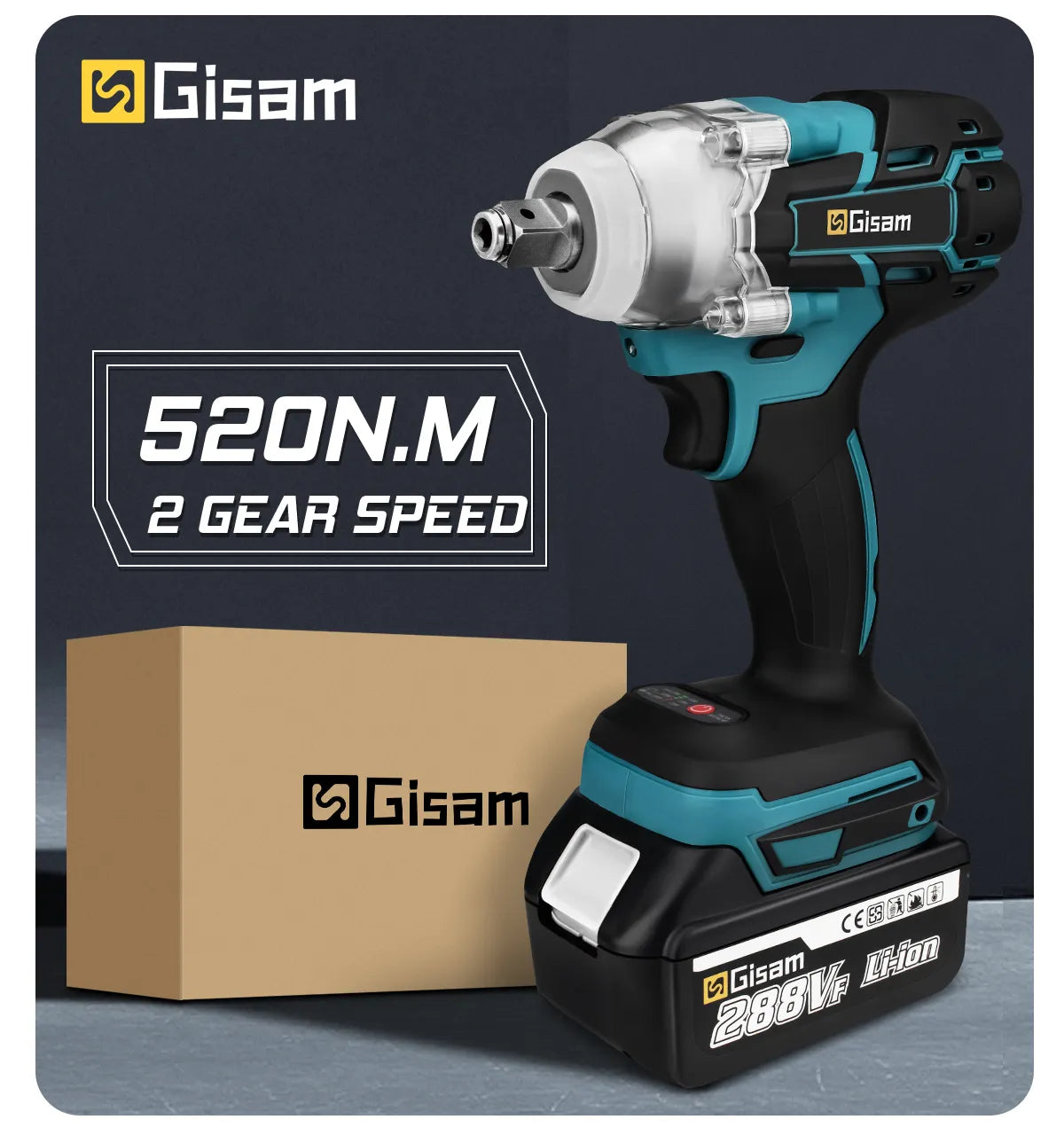 Gisam 520N.M Brushless 1/2 inch Cordless Electric Impact Wrench EU Plug