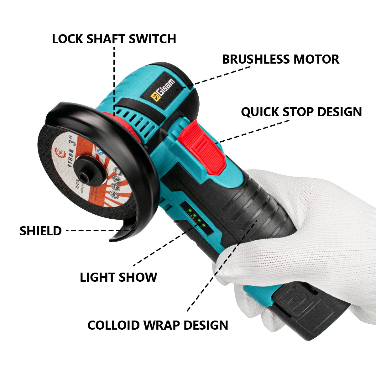 Gisam 12V Brushless Electric Angle Grinder EU Plug