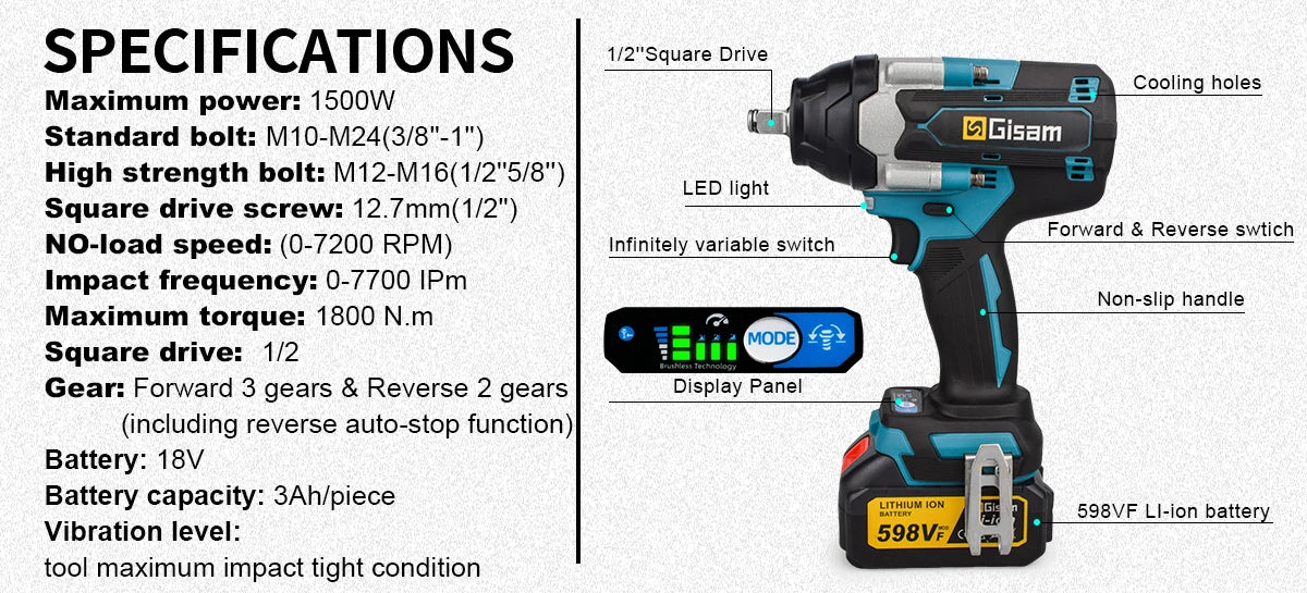 Gisam 1800N.M Brushless 1/2 inch Cordless Electric Impact EU Plug