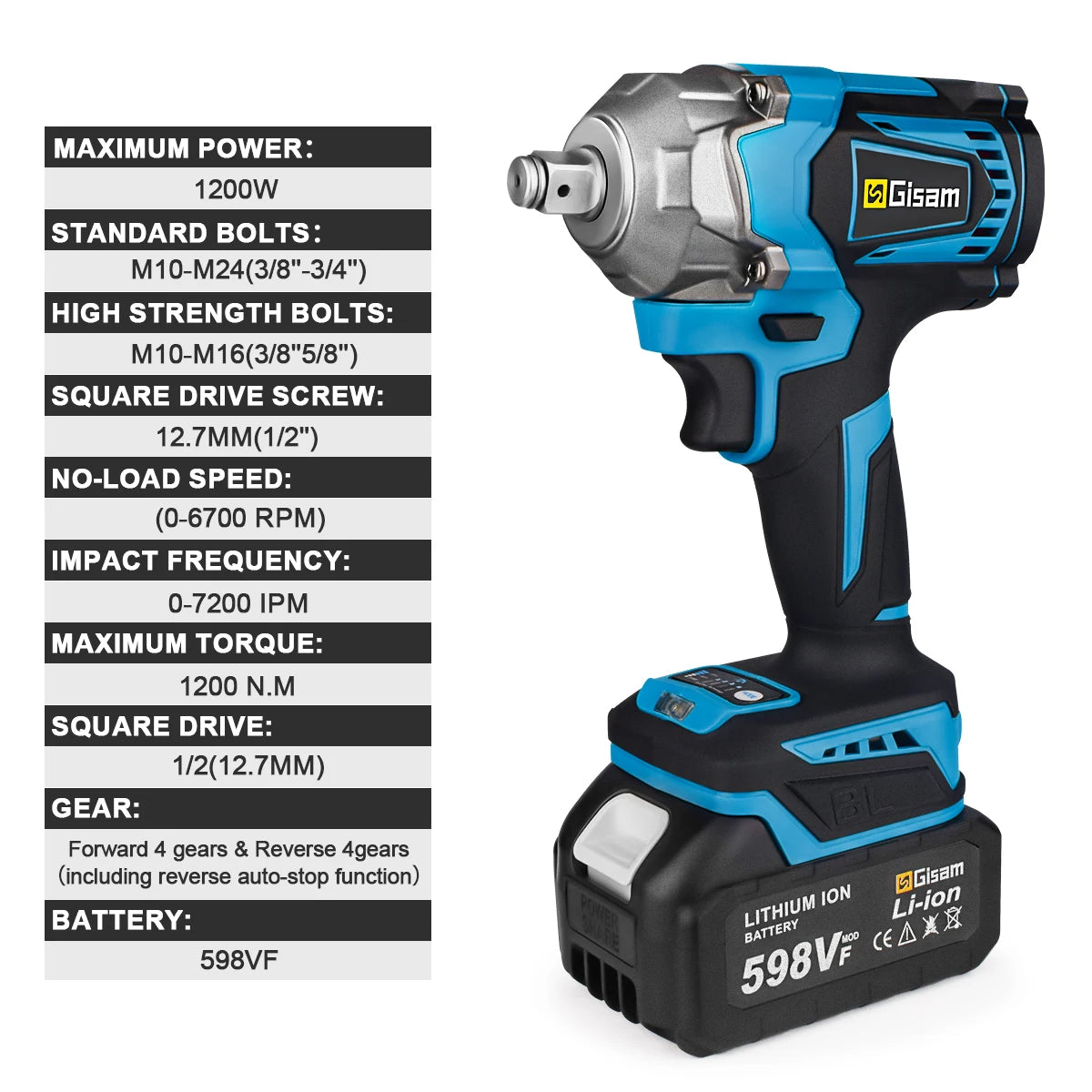 Gisam 1200N.M Brushless 1/2 inch Cordless Electric Impact Wrench EU Plug