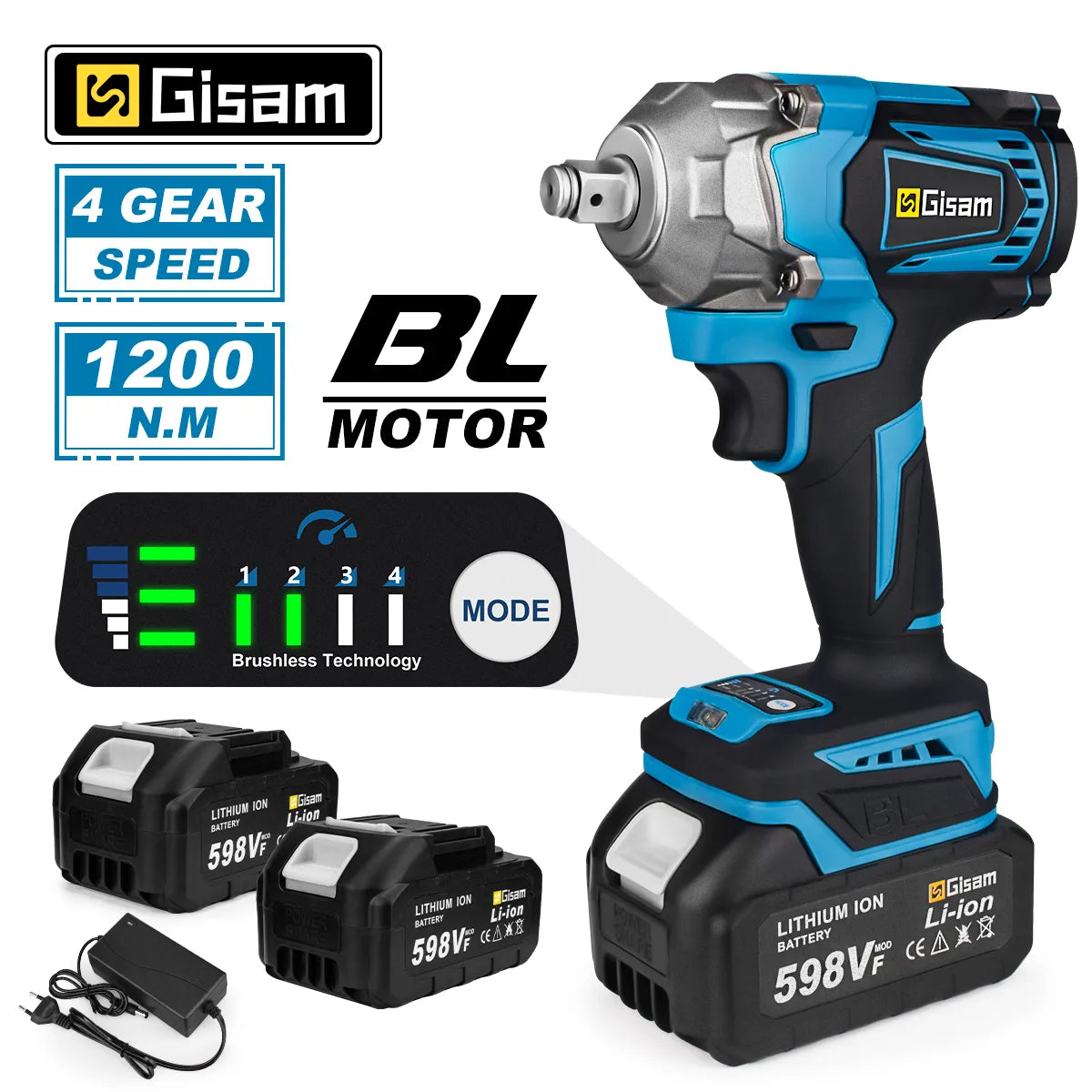 Gisam 520N.M Brushless 1/2 inch Cordless Electric Impact Wrench EU Plug