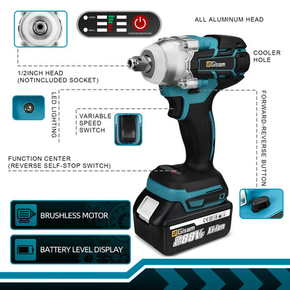 Gisam 520N.M Brushless 1/2 inch Cordless Electric Impact Wrench EU Plug