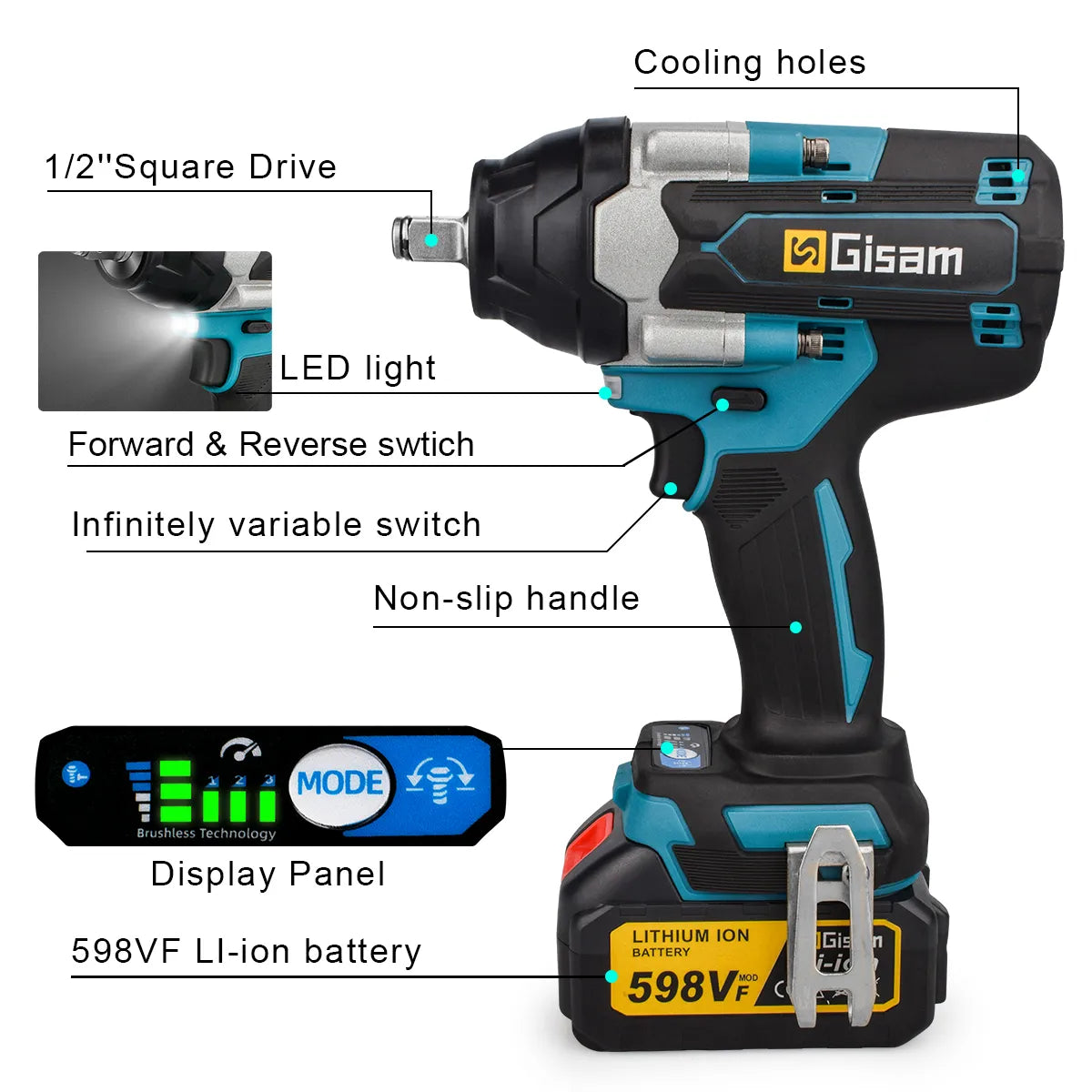 Gisam 1800N.M Brushless 1/2 inch Cordless Electric Impact EU Plug