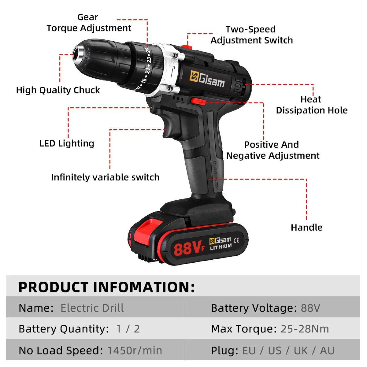 Gisam 88VF Cordless Electric Impact Drill EU Plug