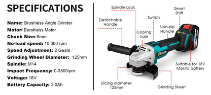 Gisam 125mm M14 Brushless Angle Grinder EU Plug