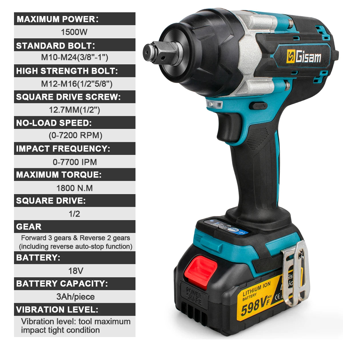 Gisam 1800N.M Brushless 1/2 inch Cordless Electric Impact EU Plug