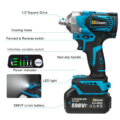 Gisam 1200N.M Brushless 1/2 inch Cordless Electric Impact Wrench EU Plug