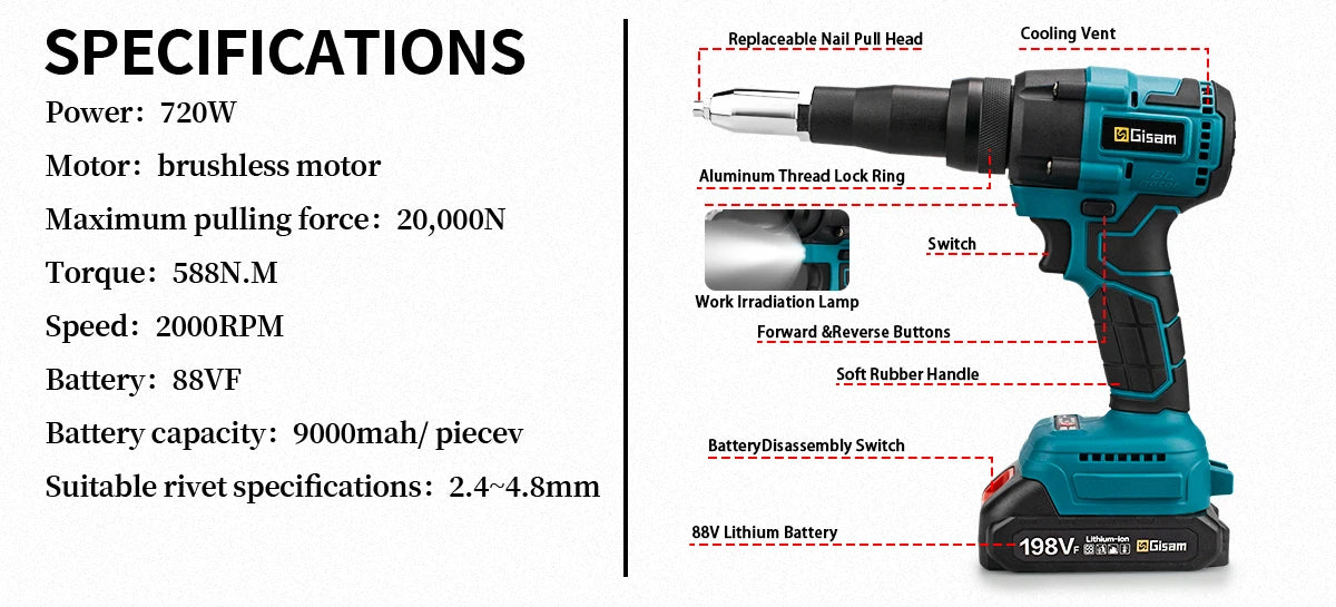 Gisam 20000N Brushless Electric Rivet Gun 2.4~4.8mm Cordless EU Plug