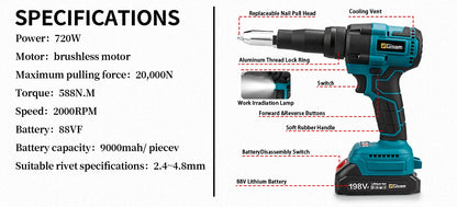 Gisam 20000N Brushless Electric Rivet Gun 2.4~4.8mm Cordless EU Plug